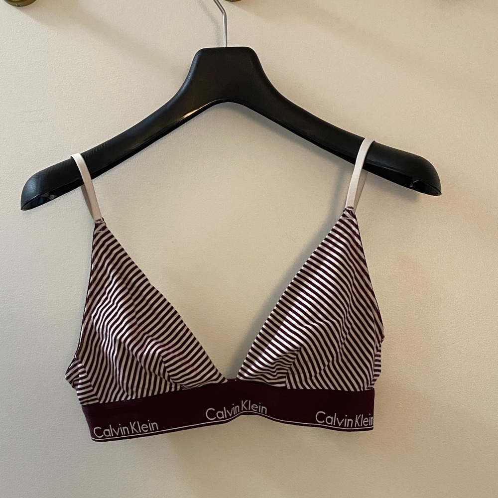 Calvin Klein Burgundy & White Striped Triangle Bralette with Logo Band